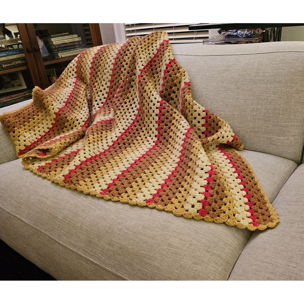 GrannyCore crocheted 1970s afghan throw, earth tone stripes w/red CottageCore